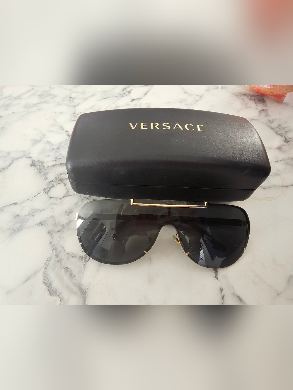 Versace Black Shield Sunglasses with Gold Accents